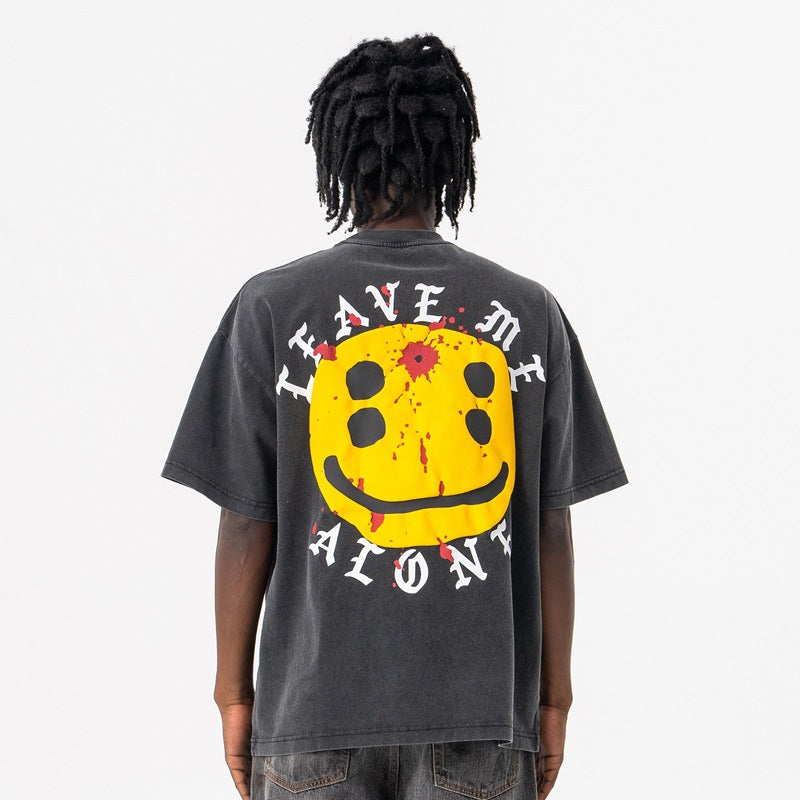 Vintage 90s Hip Hop Clothing Summer Letter Print Smiley Face Crew Neck Short Sleeve T-Shirt