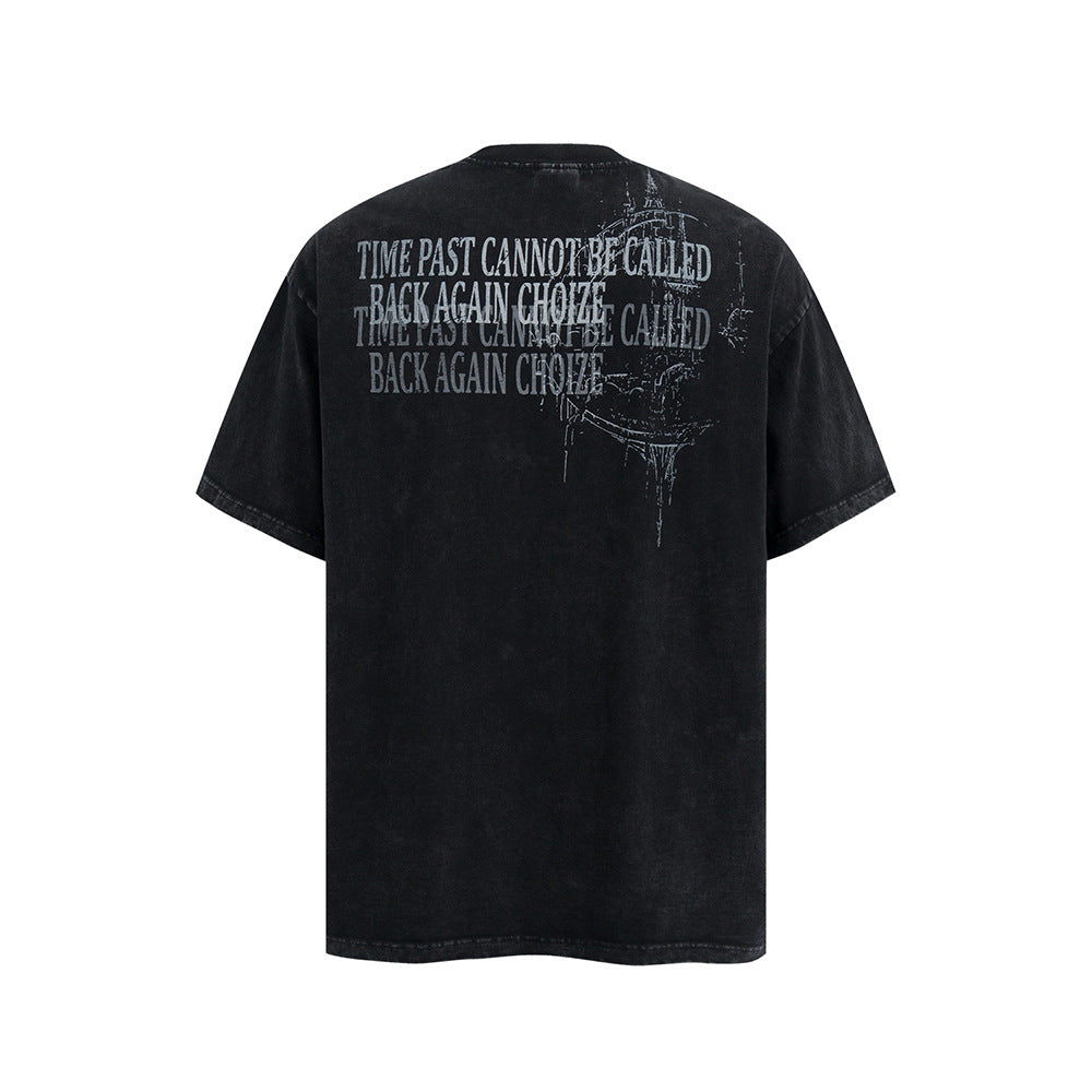 Nostalgia T Shirts Vintage Letter Print Front Shoulder Short Sleeve Loose Casual T-Shirt