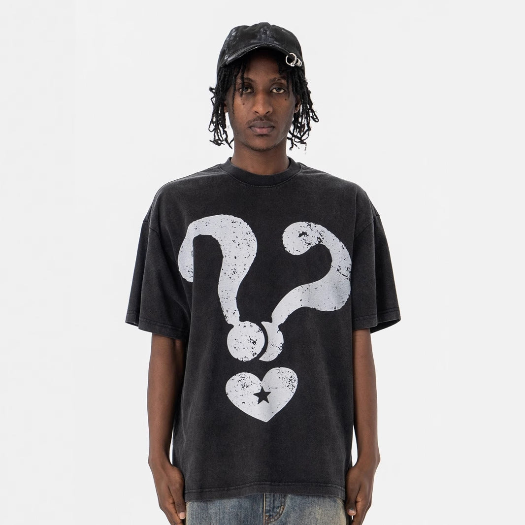 Vintage 90s Hip Hop Clothing Summer Cartoon Question Mark Washed Short Sleeve T-Shirt