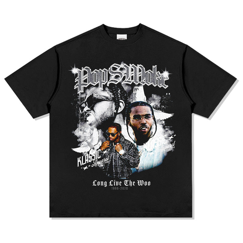 Marcas streetwear usa vintage hip hop pop smoke print short sleeve t-shirt
