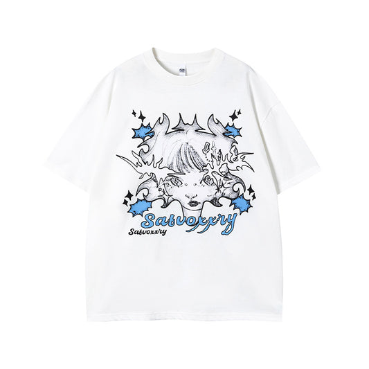 Vintage Tišö Rt Cartoon Printed Short Sleeve T-Shirt Loose Casual Top