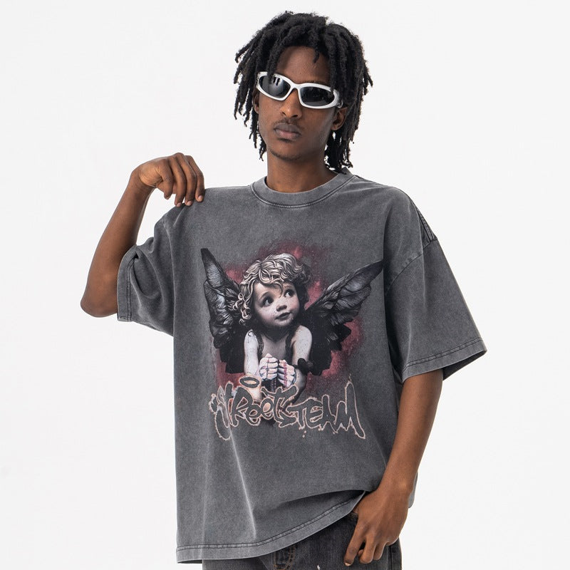 Vintage College Shirts Summer Angel Kids Print Crew Neck Short Sleeve T-Shirt