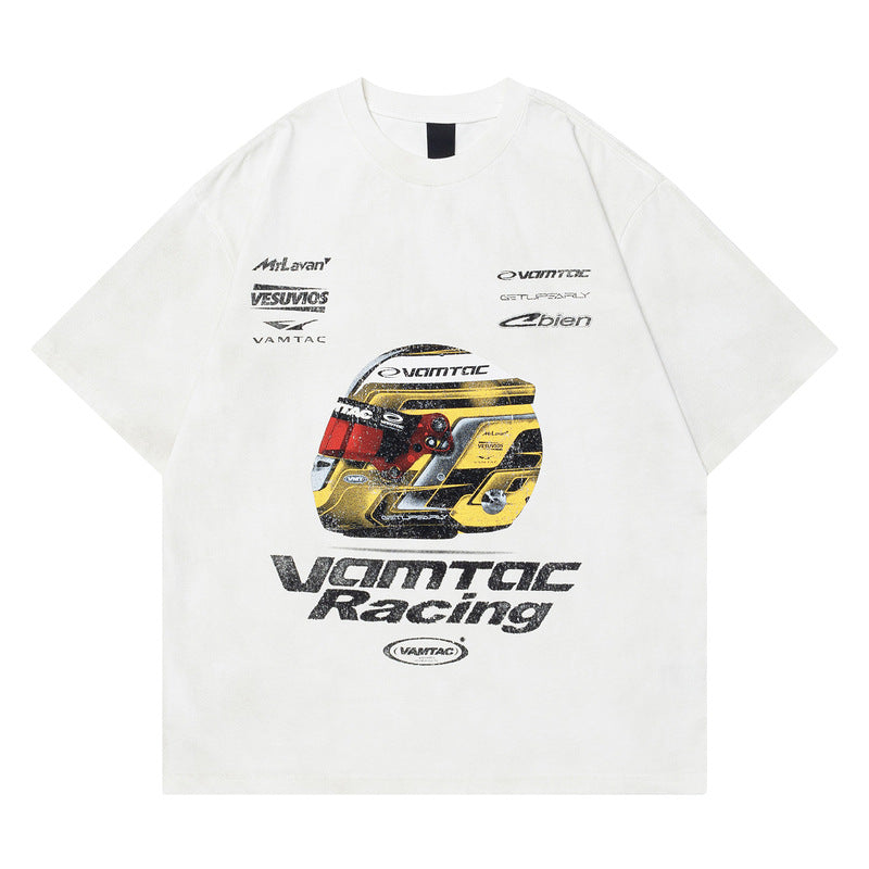 Racing oversized t shirt retro old letter print short sleeve t sleeve