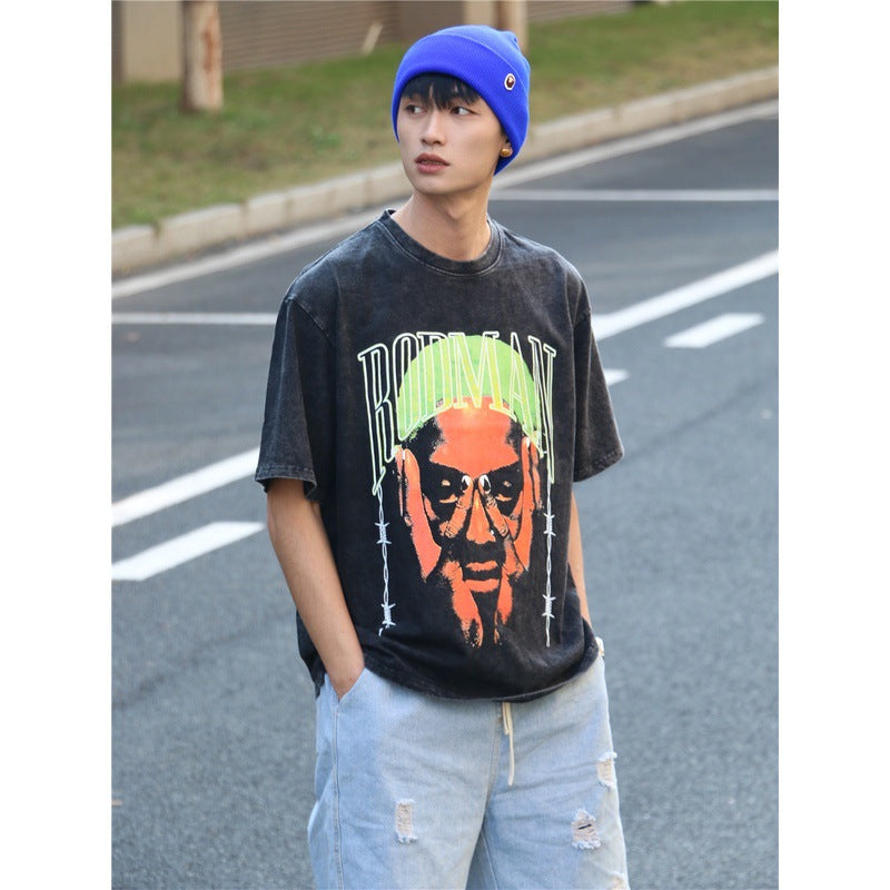 Film Star T Shirt Washed Old American Round Neck Loose T-Shirt Retro Short Sleeve