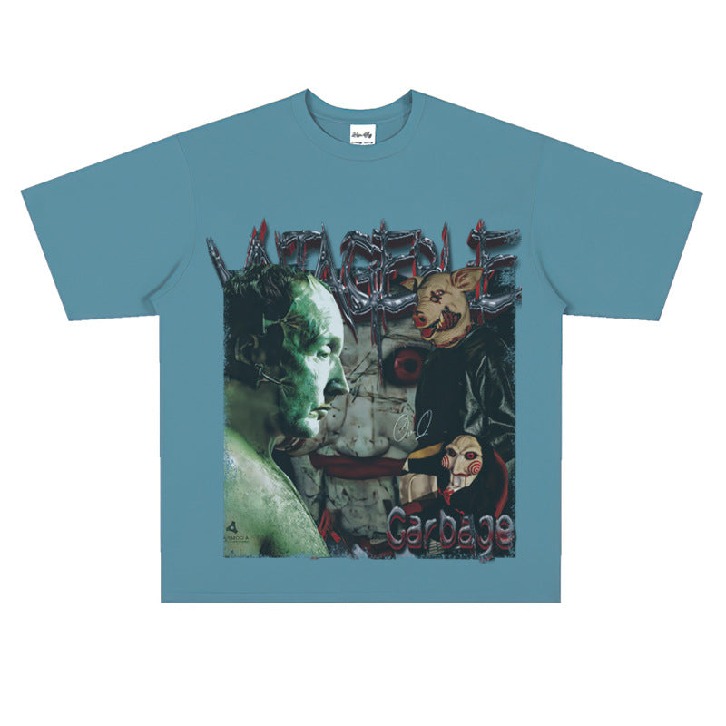 Film Star T Shirt Pure Cotton Loose Short Sleeve American Retro Trendy Printed round Neck T-shirt for Men