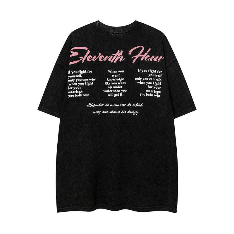 Vintage T Shirts Hip Hop Angel Print Washing Water Old Short Sleeve T-Shirt