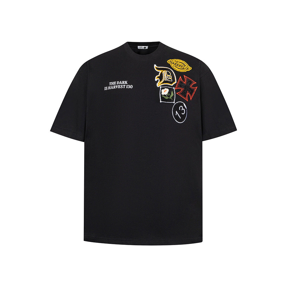 New York Hip Hop Style Vintage Floral Embroidery Crew Neck Short Sleeve T-Shirt