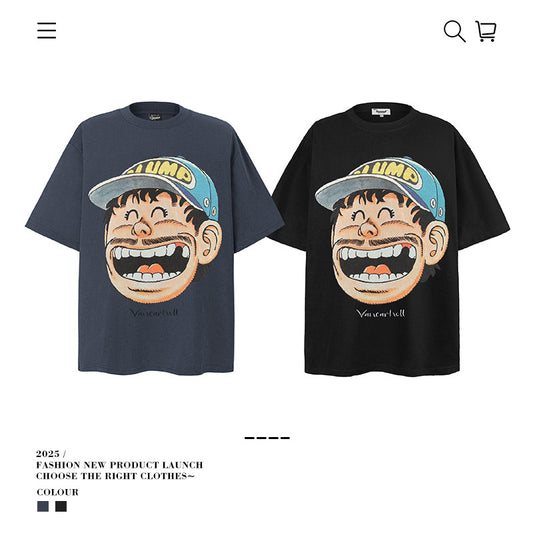 American vintage street T-shirt men's loose vintage pure cotton summer