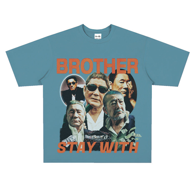Film Star T Shirt Loose American Retro Street Cotton Crew Neck Personality T-shirt Men and Women