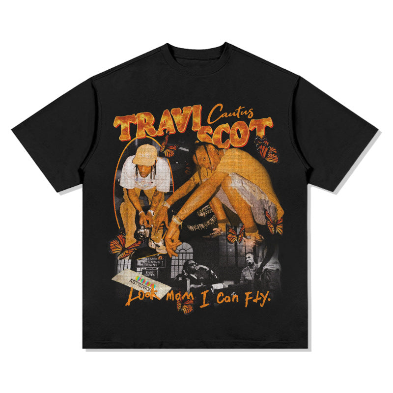 New york hip hop shop BC hip hop rap Travis Scott TS print short sleeve washed old t-shirt