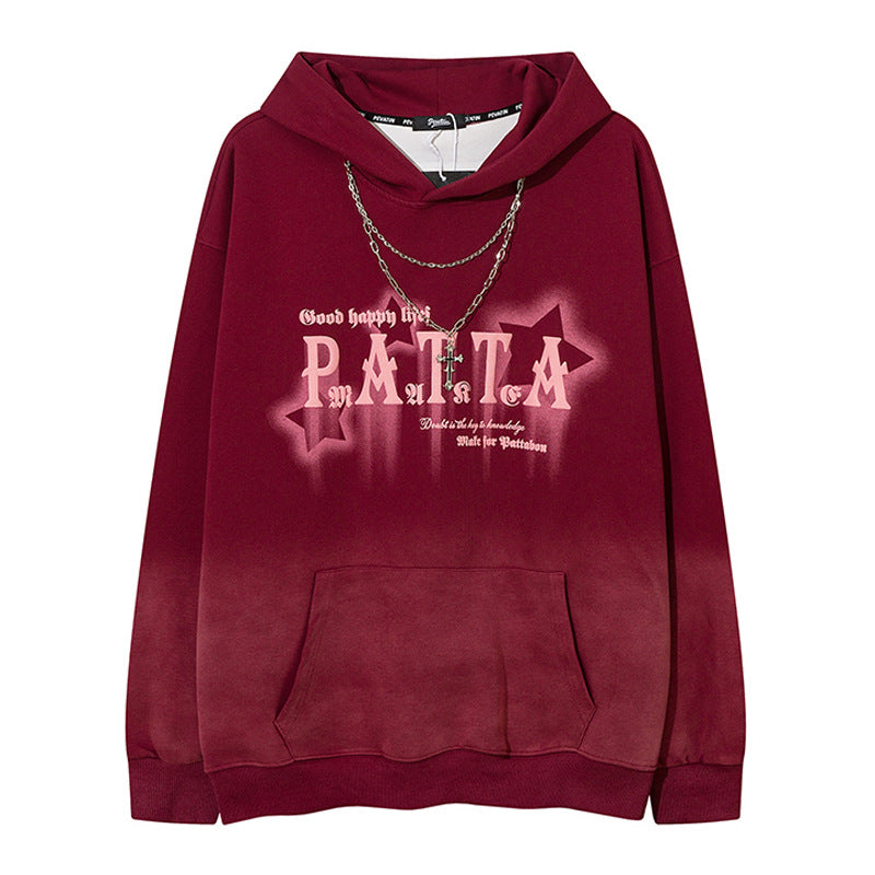 Streetwear Hoodie Vintage Star gradual change hooded sweater hip hop loose strap necklace hoodie