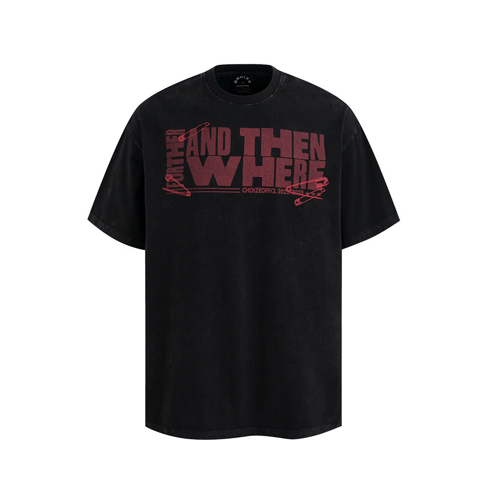 Nostalgia T Shirts Vintage Crew Neck T-Shirt Embroidered Letters Loose Casual