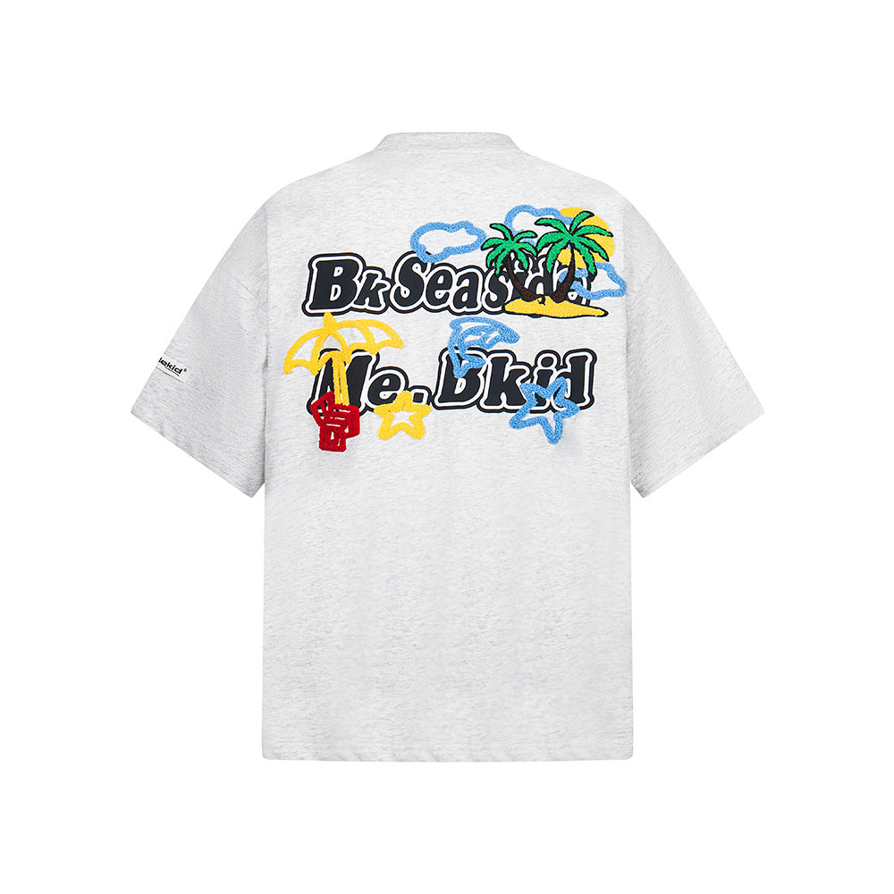 Hip Hop Clothes New York Vintage Alphabet Coconut Embroidered Short Sleeve T-Shirt