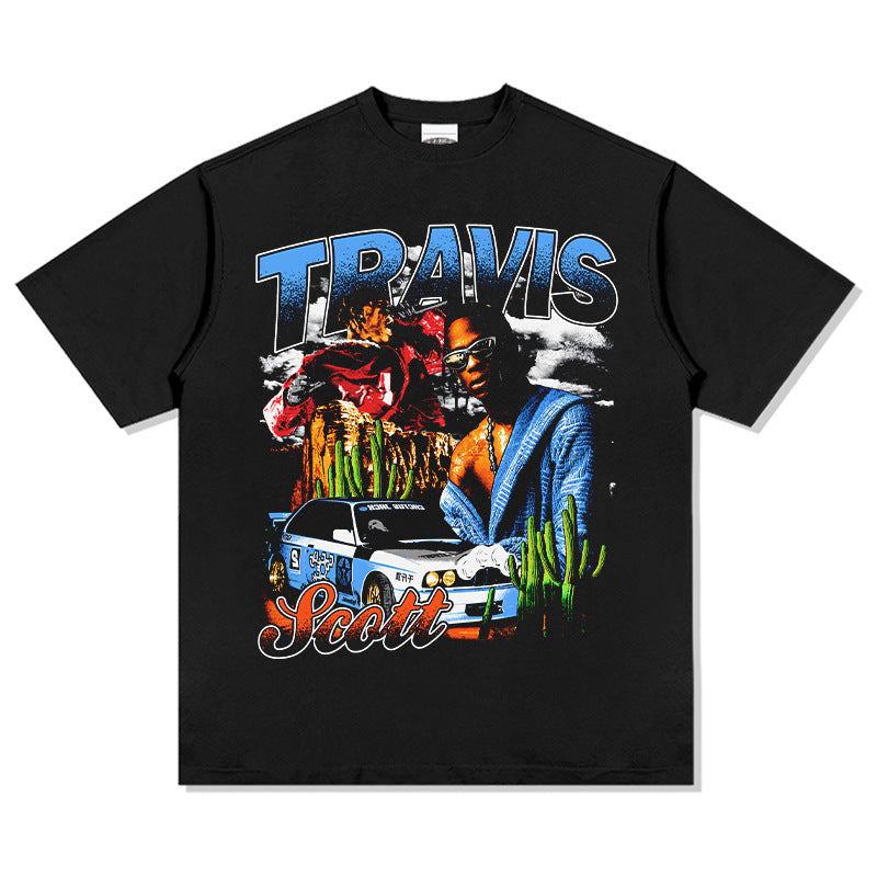 Outfit streetwear vintage hip hop TS scott print short sleeve t-shirt