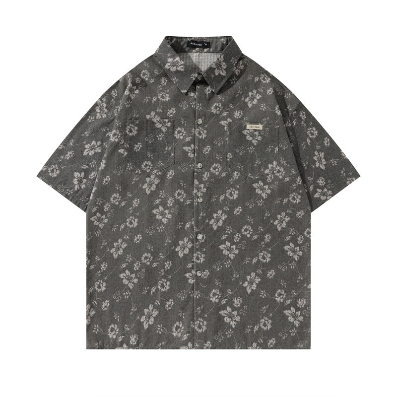 Y2K mens shirt retro loose shirt pleated floral men's casual short-sleeved tie shirt