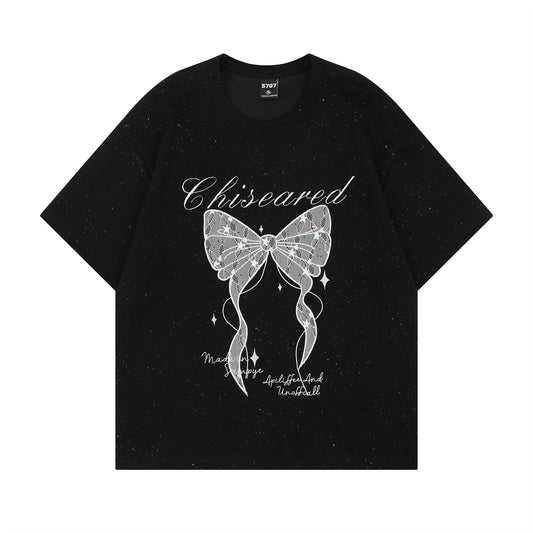 Distorted vintage lace butterfly short sleeve t-shirt summer loose top