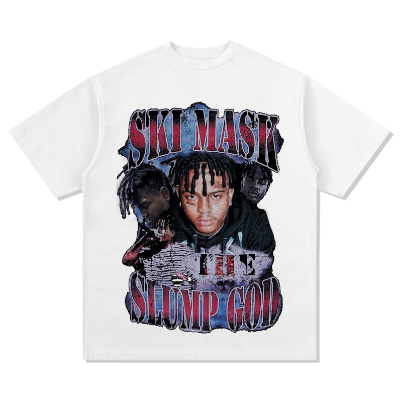 Cool t rapper SKI MASK HIPHOP hip hop character print t-shirt loose Vintage short sleeve top