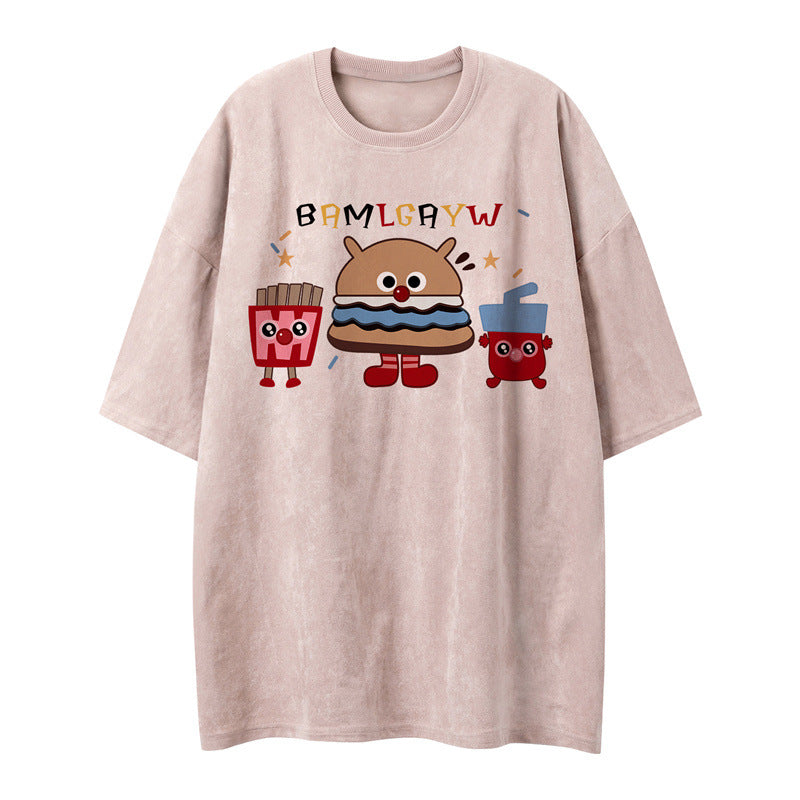 US drip outfits summer vintage burger print casual loose short sleeve T-Shirts