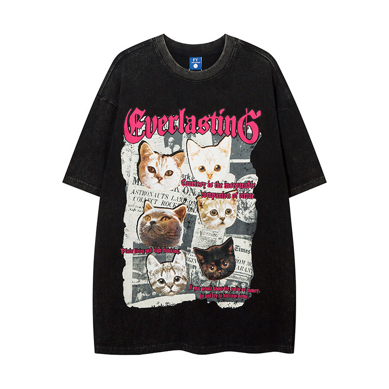 Vintage T Shirts Hip Hop Retro Pussy Washed Old Short Sleeve T-Shirt