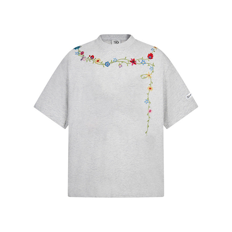 Casual Street Wear Embroidered Flower Necklace Crew Neck Short Sleeve Shirt