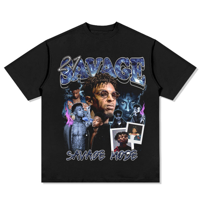 Streetwear masculino vintage hip hop 21 savage print short sleeve t-shirt