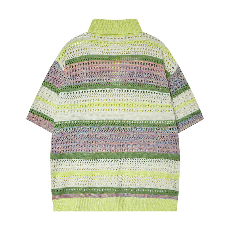 Camisas Retros retro stripes gradual change color spring and summer hollow knit sweater
