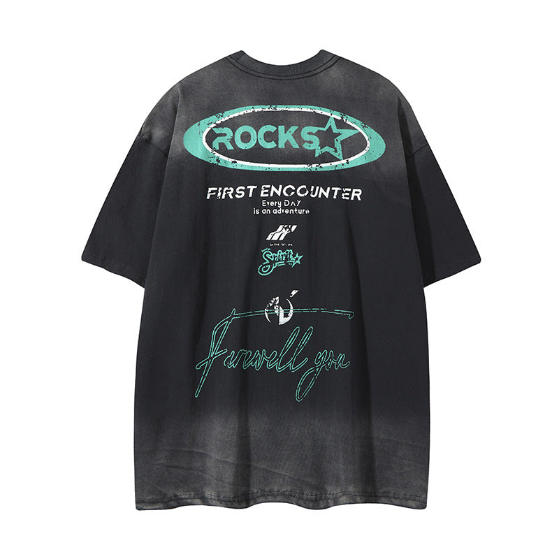 Camisas Retros Vintage Printed Alphabet Washed Old Short Sleeve T-Shirt