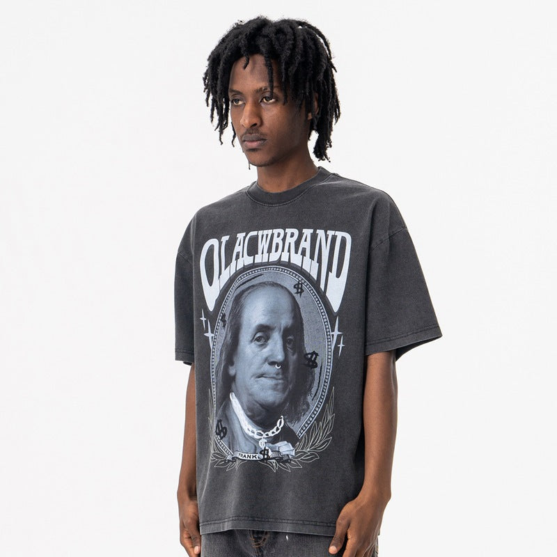 Vic Streetwear Summer Vintage Portrait Print Crew Neck Short Sleeve T-Shirt