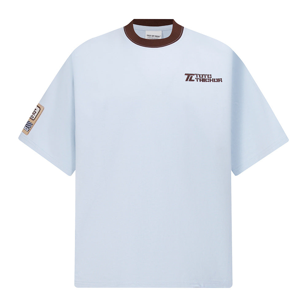Hip hop shirt retro crew neck t-shirt embroidered letters loose casual