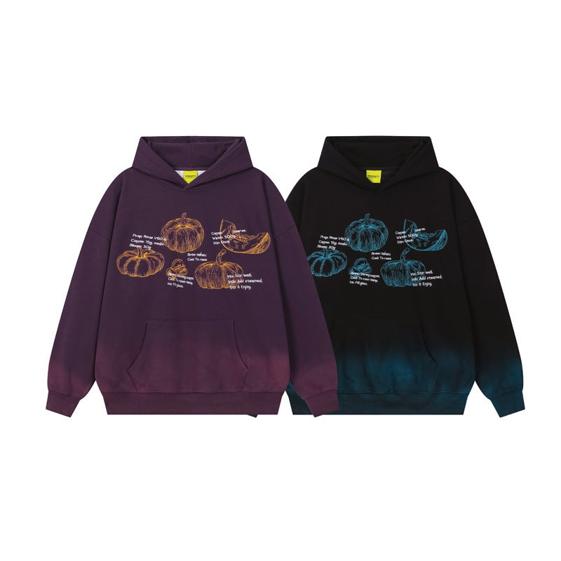 Vice streetwear pumpkin print gradual change fleece hooded sweater