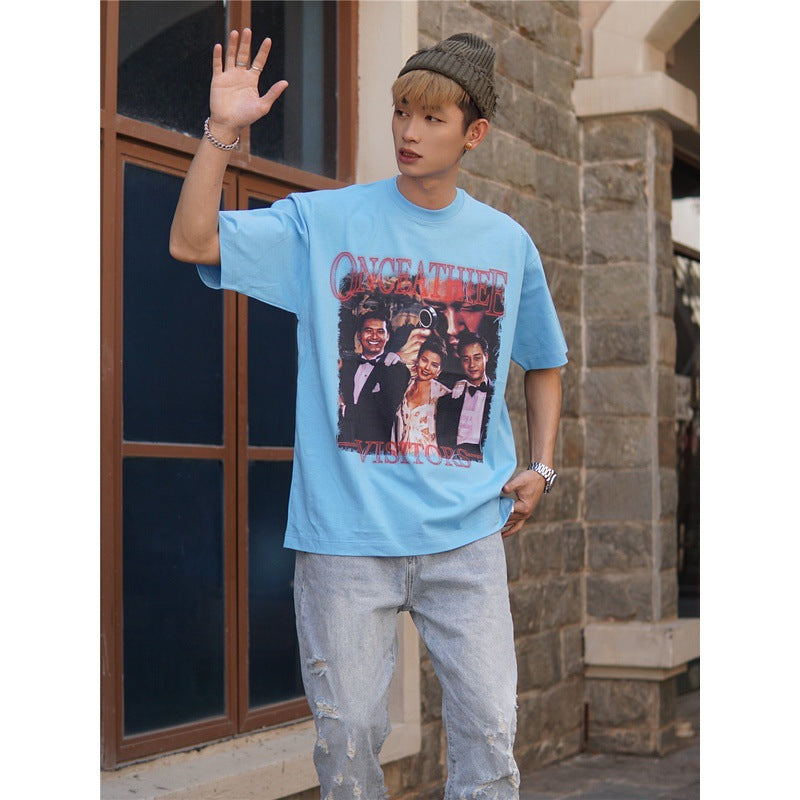 Film Star T Shirt Cotton Short Sleeve Loose round Neck Retro Nostalgic Heavy Printed T-shirt