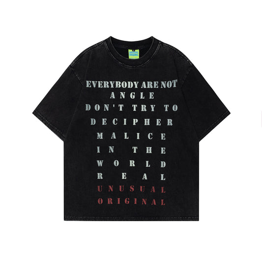 Unisex T-shirts Summer Alphabet Chart Washed Old Men's Loose Round Short Sleeve T