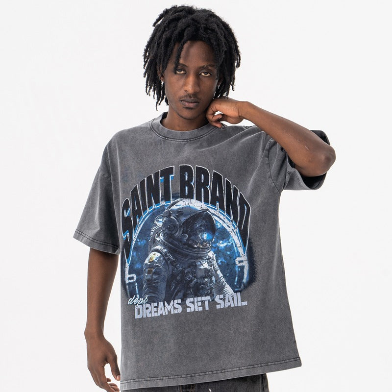Vintage College Shirts Summer Vintage Washing Water Crew Neck Short Sleeve T-Shirt
