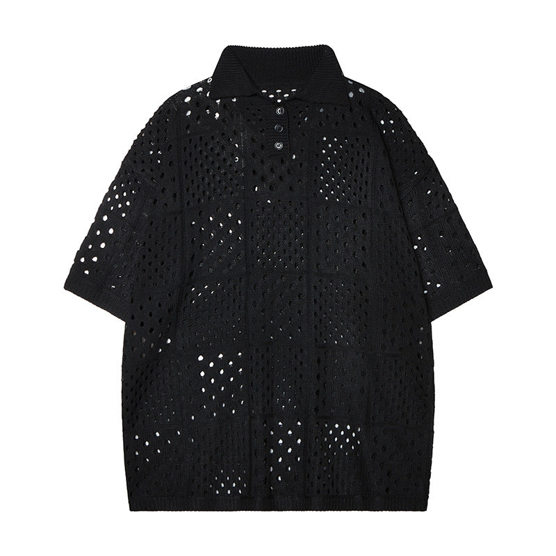 Camisas Retros Vintage Lapel Hollow Sweater Summer Loose Pullover Knitwear Short Sleeves