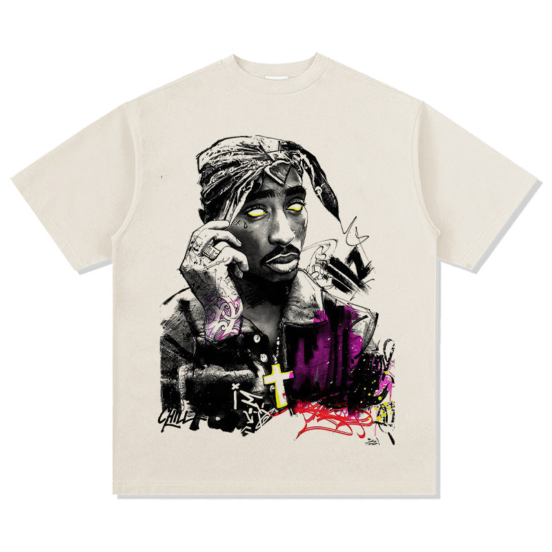 Cool t rapper vintage tupac print hip hop short sleeve wash do old t-shirt