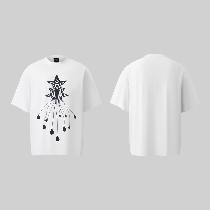 Camisas Retros Washed Old Abstract Character Print Short Sleeve T-Shirt