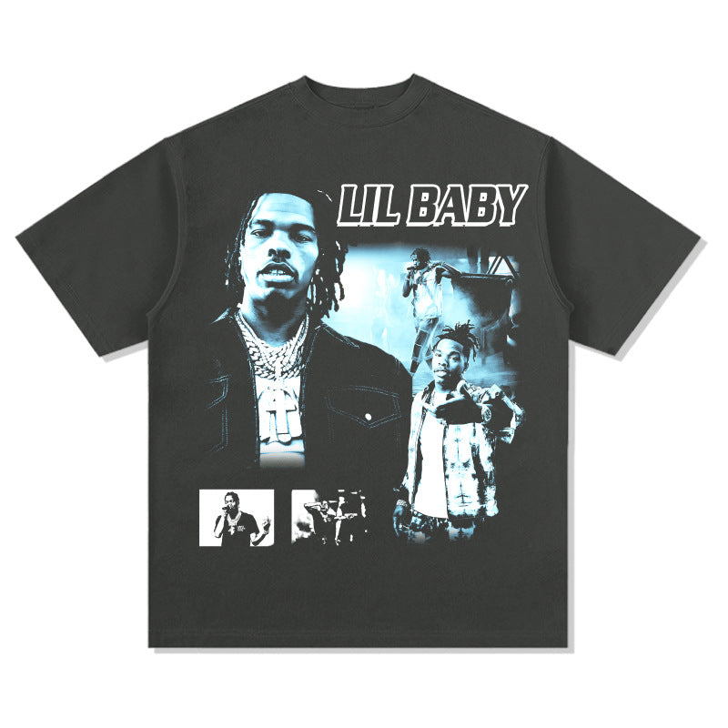 Cool t rapper vintage hip hop Lil Baby print short sleeve t-shirt loose Vintage