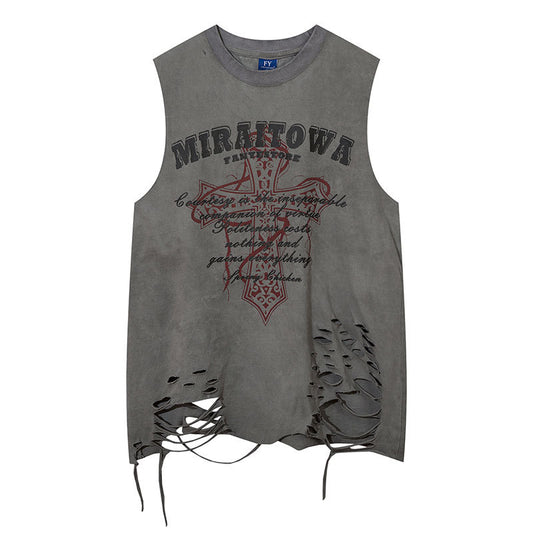 Vintage Tišö Rt Washed Old Vest Necklace Hip Hop Loose Top