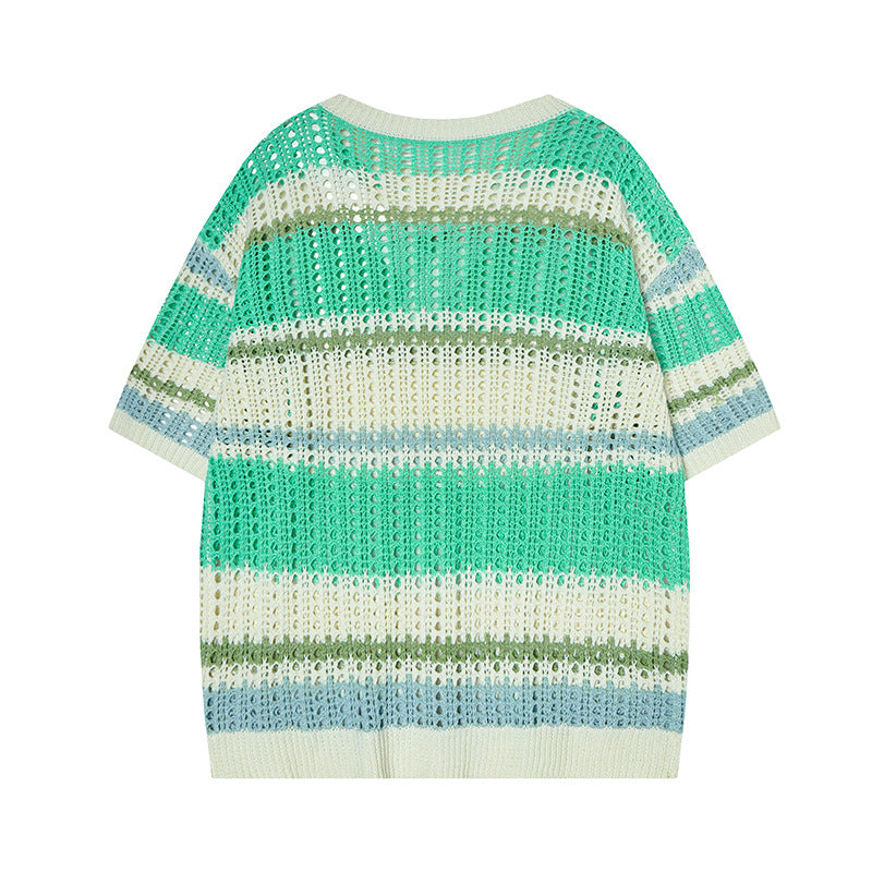 Camisas Retros Striped Contrast Crew Neck Knitted Short Sleeve T-Shirt