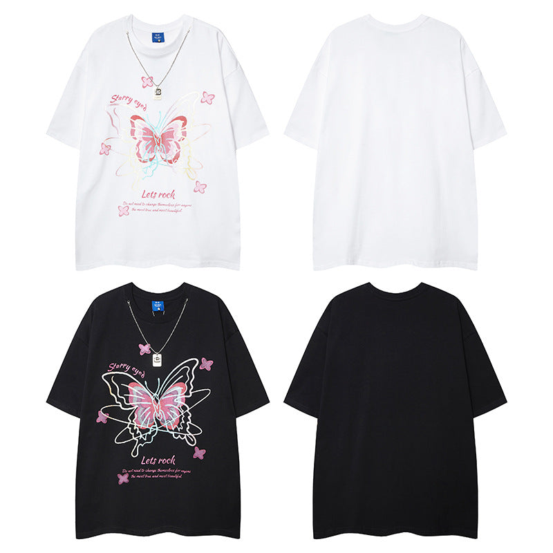 Casual Street Wear Summer Short Sleeve T-Shirt Butterfly Pendant Necklace Loose