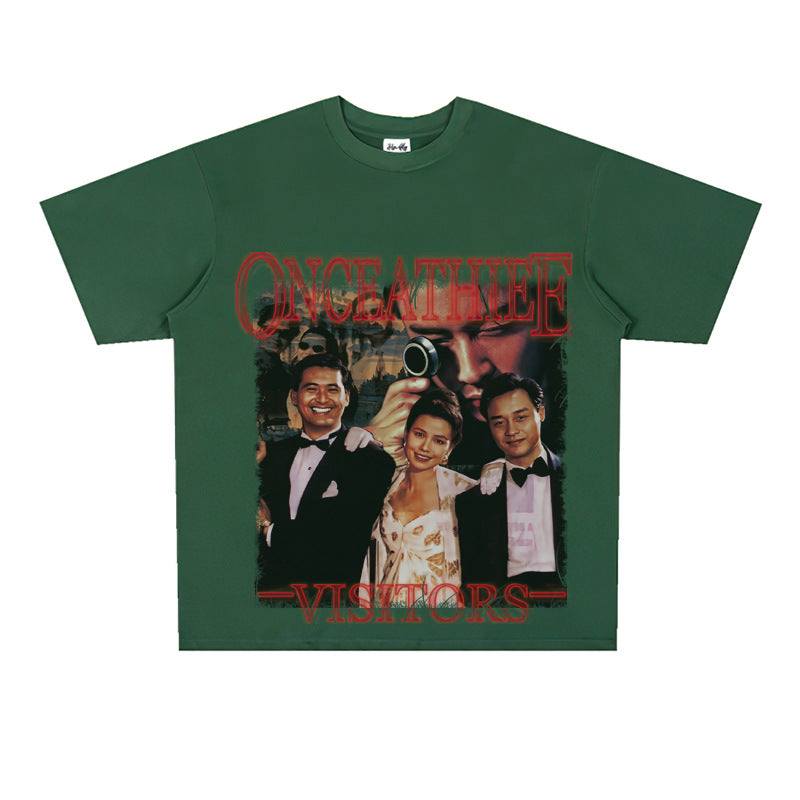 Film Star T Shirt Cotton Short Sleeve Loose round Neck Retro Nostalgic Heavy Printed T-shirt