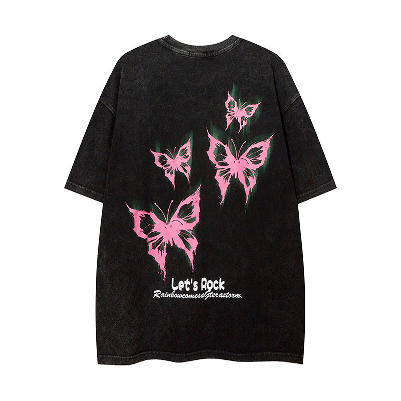 Vintage T Shirts Hip Hop Retro Butterfly Print Wash Short Sleeve T-Shirt