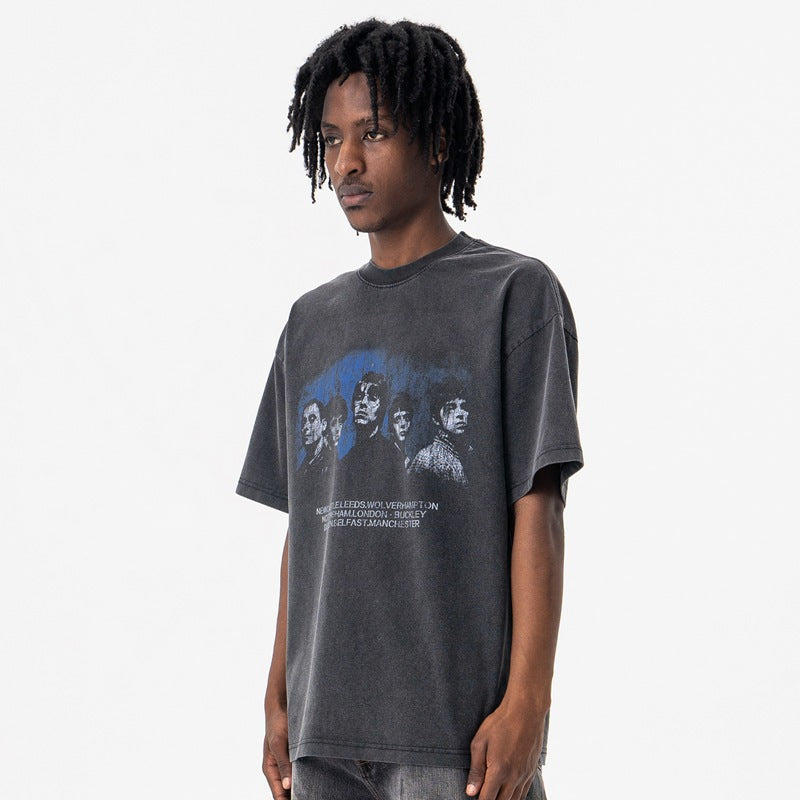 Vic Streetwear Summer Vintage Portrait Washed Crew Neck Short Sleeve T-Shirt