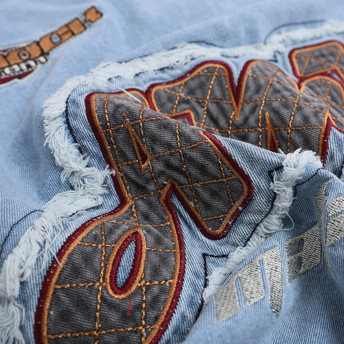 Hustle vintage summer embroidery t-shirt denim short sleeve t-shirt