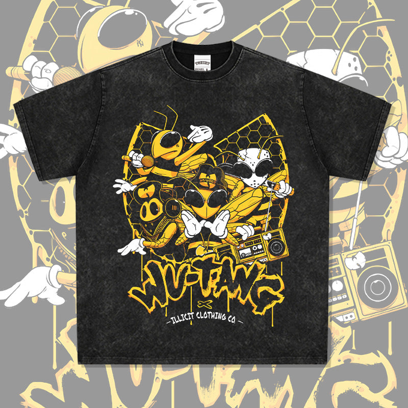 Streetwear masculino wu-tang print vintage short-sleeved t-shirt