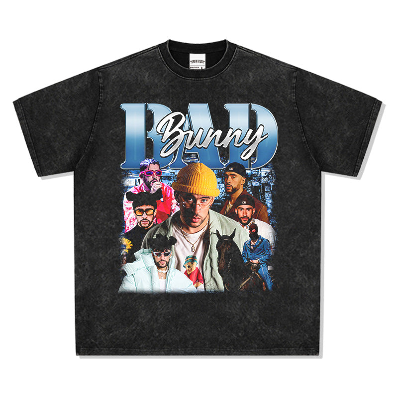 Streetwear masculino vintage hip hop Bad Bunny print short sleeve t-shirt