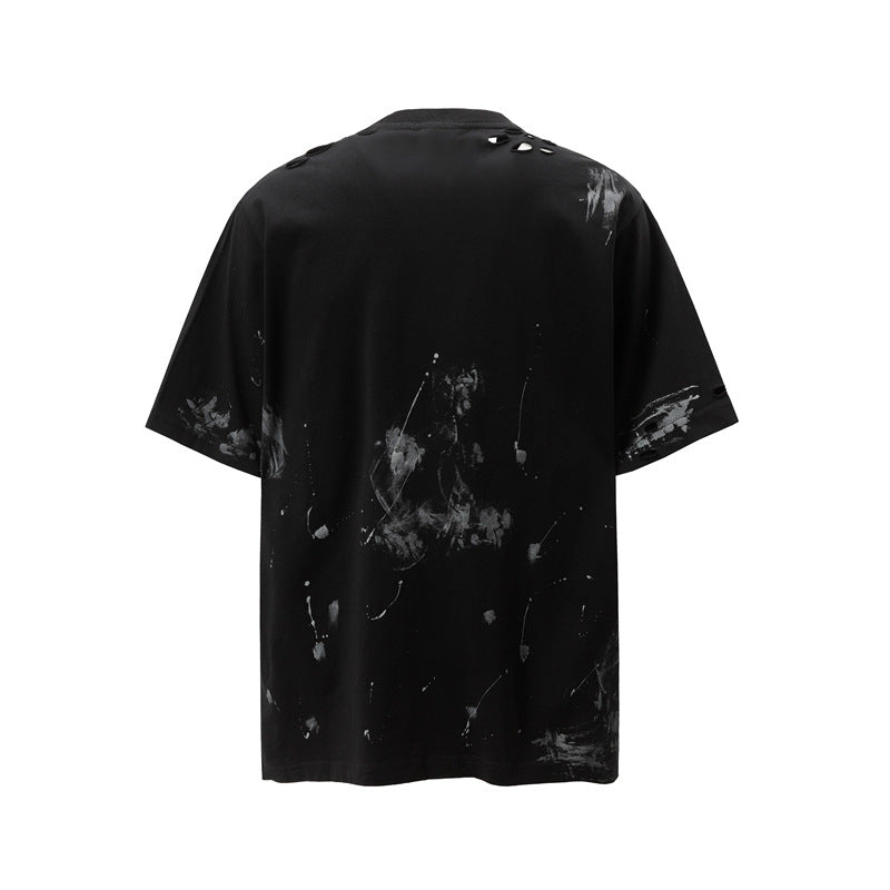 Camisas Retros Tie-dye Alphabet Short Sleeve Vintage Vintage Loose Crew Neck T-Shirt