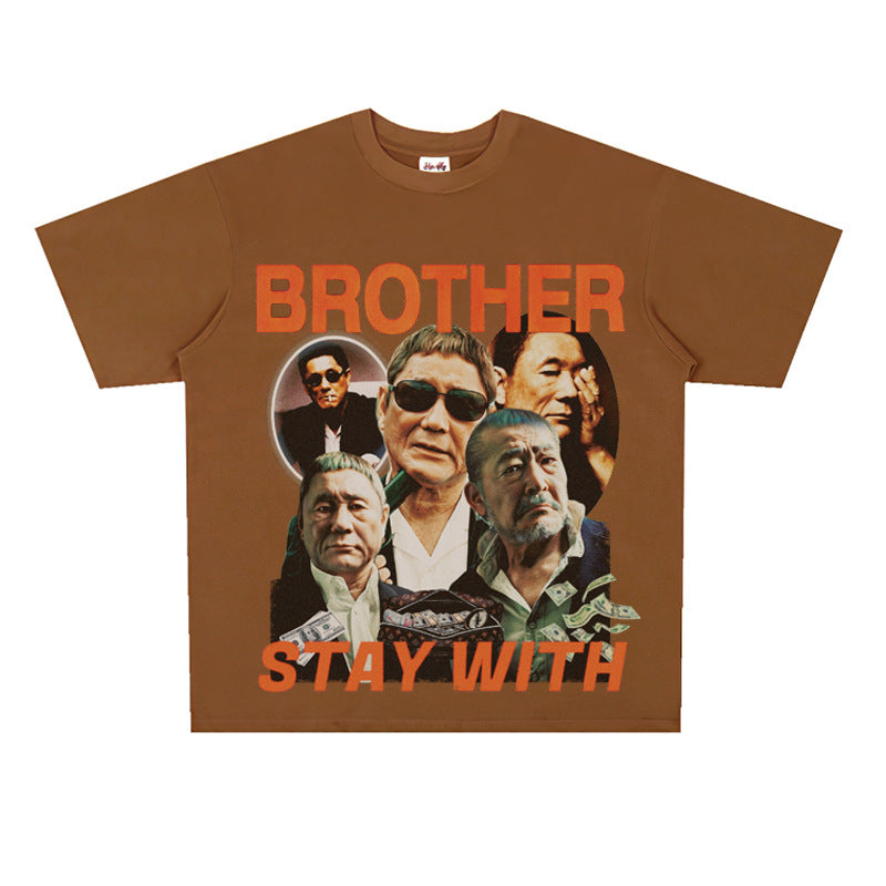 Film Star T Shirt Loose American Retro Street Cotton Crew Neck Personality T-shirt Men and Women
