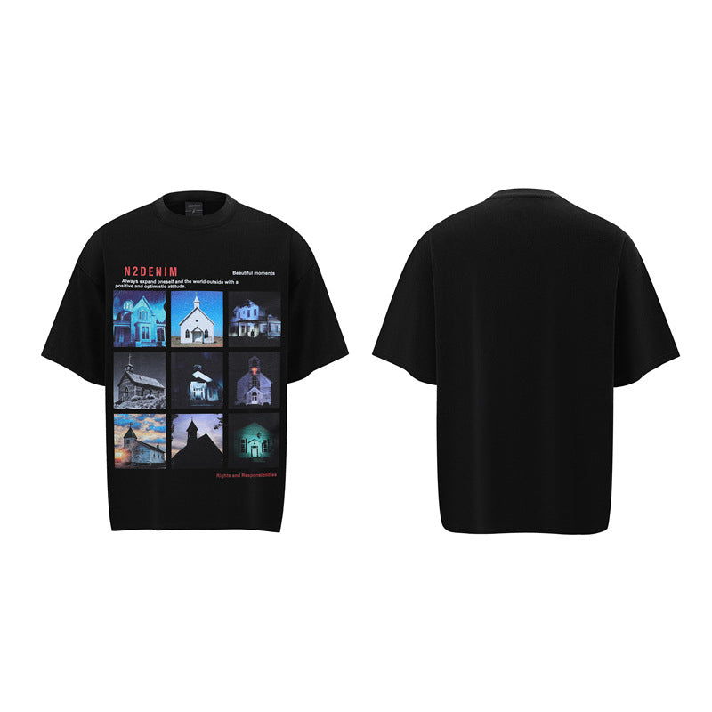 Stone Wash T shirt Building Print Short Sleeve T-Shirt