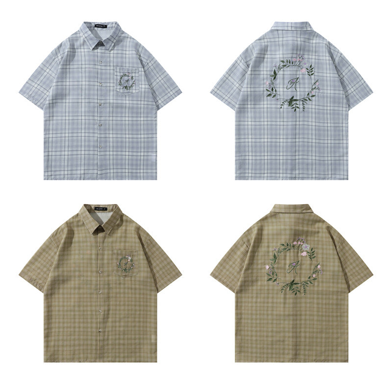 Y2K mens shirt retro plaid lapel loose casual short sleeves